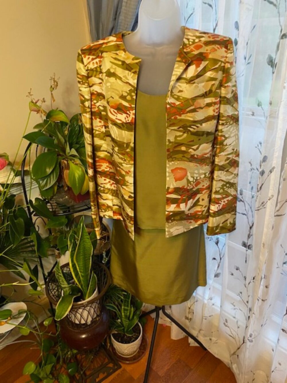 KASPER Olive Green Multi-color Silk Skirt 3-PC Suit Set, Women's size 10